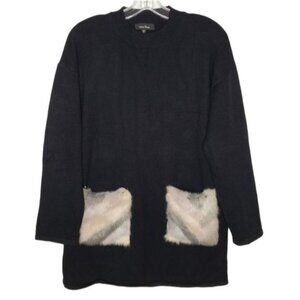 LEA & VIOLA Black Faux Fur Pocket Tunic Sweater